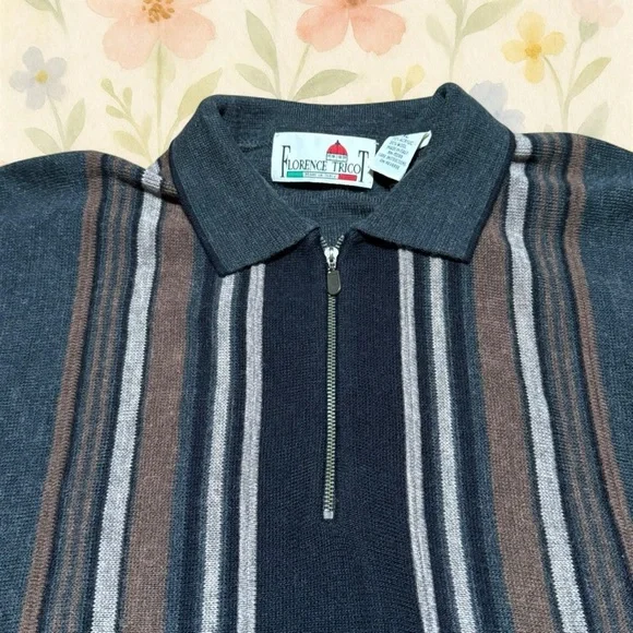 Vintage Florence Tricot Quarter Zip Sweater XL Italian Knit Striped Pullover - Picture 3 of 6